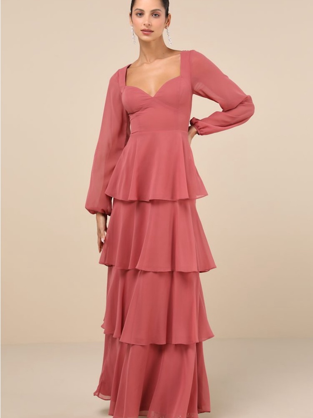 Lulu's Dusty Rose Tiered Maxi Dress with Sweetheart Neckline